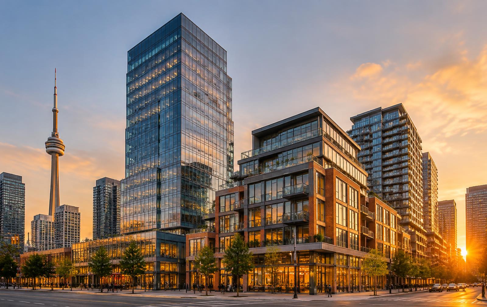 Commercial buildings in a Canadian city at dusk